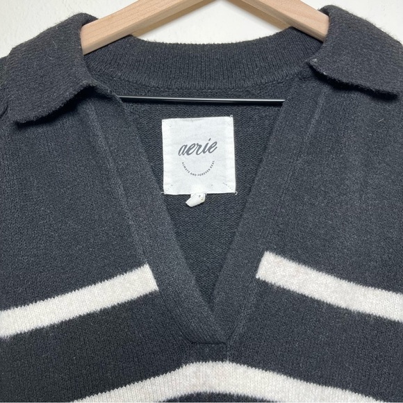 Aerie Women Sweater Small Black Whit Stripe Oversized Slouchy Polo Nautical - Picture 3 of 8